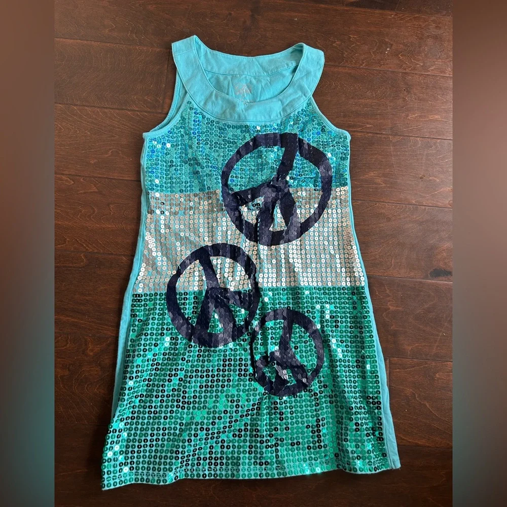 Justice Girls Blue Embellished Sequined Sleeveless Dress Sz 12 Peace Sign 4125